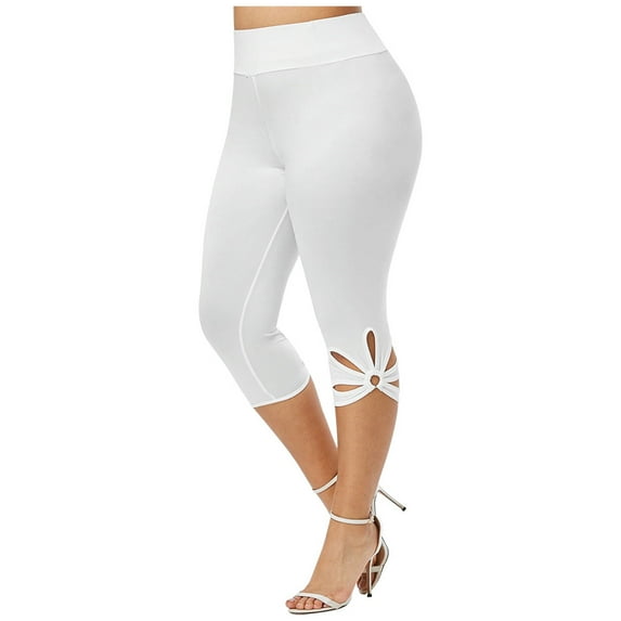 CKpwisy Plus Size Womens Capri Leggings High Waisted Knee Length Pants Tummy Control Slim Skinny Pull On Cropped Leggings Summer Casual Hollow Out Yoga Pants for Women