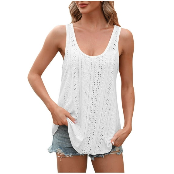 CKpwisy Solid Eyelet Tank Tops Women Basic Scoop Collar Sleeveless Blouses T-shirts Elegant Baggy Summer Vests Breathable Hollow Out Camis Tops