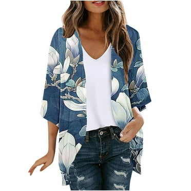 CKpwisy Summer Cardigan for Women Boho Floral Printed Swimsuit Coverup 2025 Trendy 3/4 Sleeve Chiffon Kimono Lightweight Shrug Beach Cover Ups