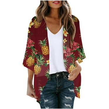 CKpwisy Summer Cardigan for Women Boho Floral Printed Swimsuit Coverup 2025 Trendy 3/4 Sleeve Chiffon Kimono Lightweight Shrug Beach Cover Ups