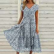 CKPWISY Wedding Gown Party Dresses for women Chiffon Dresses 2025 Plus Size Summer Dress Floral Print Flowy Sundress V Neck Short Sleeve Long Beach Dress Womans Tea Length Cocktail Dress