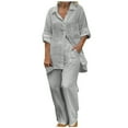 thumbnail image 1 of CKpwisy Women 2 Piece Linen Sets 2025 Collar Button Down Shirt and Drawstring Long Wide Leg Pants Set Loose Casual Summer Outfits, 1 of 6