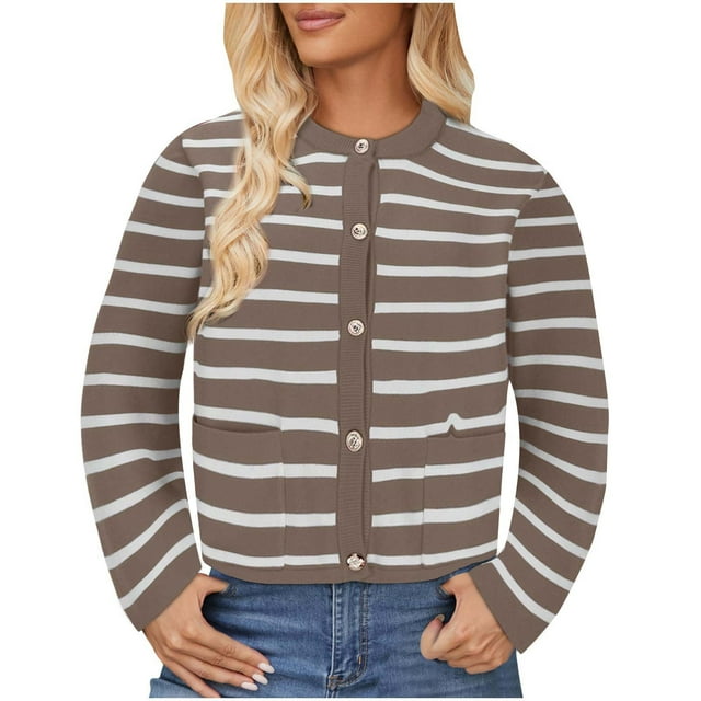 CKpwisy Women Striped Cardigan Sweaters Soft Comfy Long Sleeve V Neck Knit Cardigans Lightweight Open Front Button Down Sweater Coat