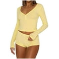 thumbnail image 1 of CKpwisy Women's 2 Piece Outfits Casual Long Sleeve V Neck Crop Tops and Shorts 2025 Fall Button Loungewear Workout Athletic Short Sets Yellow M, 1 of 4