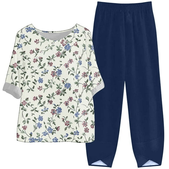 CKpwisy Women's 2 Piece Outfits Floral Print Lounge Sets Round Neck Linen Pullover Tulip Pants Half Sleeve Matching Sets 2025 Fashion Loungewear Blue XL