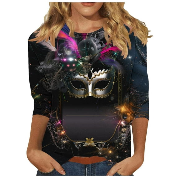 CKpwisy Women's Crew Neck Loose Casual Outfit Casual Basic Mask Print Graphic Shirt 2025 Holiday Party Tee Shirt Deal of The Day Prime Today
