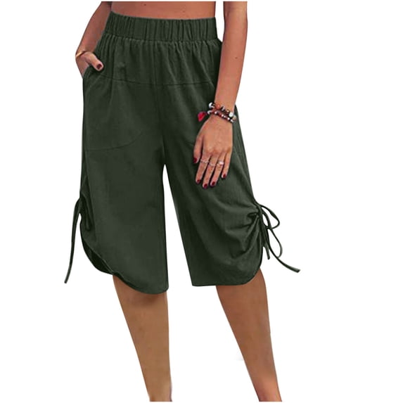 CKpwisy Women's Linen Shorts Loose Casual Knee Length Lounge Shorts Soft Trendy Work Out Beach Vacation Bermuda Shorts Wide Leg Ruched Drawstring Long Shorts