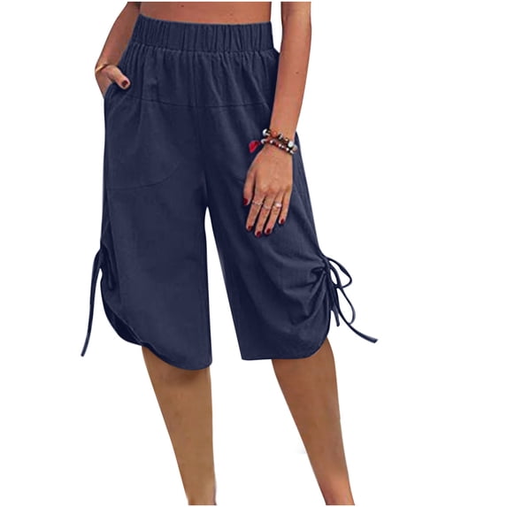 CKpwisy Women's Linen Shorts Loose Casual Knee Length Lounge Shorts Soft Trendy Work Out Beach Vacation Bermuda Shorts Wide Leg Ruched Drawstring Long Shorts