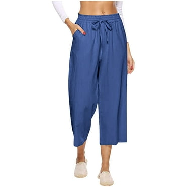 CKpwisy Women' s Linen Wide Leg Crop Pants Elastic Waist Casual Palazzo Pants Summer Loose Comfy Capri Pants Beach Trousers with Pockets 2025 Trendy Capris