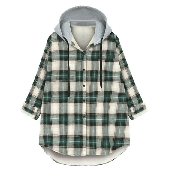 CKpwisy Women's Plaid Shacket Jacket Sherpa Lined Flannel Jacket Long Sleeve Button Down Fleece Hooded Jackets Winter Warm Coats Fashion 2025 Green XXL