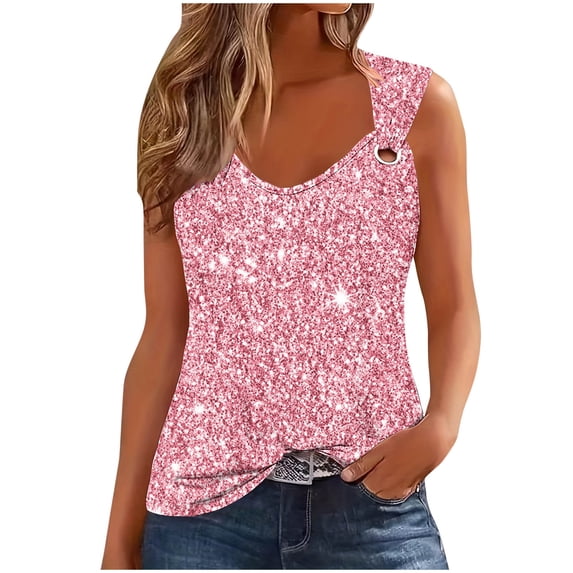 CKpwisy Women's Sequin O Ring Shoulder Shirts Summer Trendy Sparkle Scoop Neck Tank Tops Loose Casual Glitter Cami Tops Sleeveless Tunic Blouses for Going Out Fashion 2025