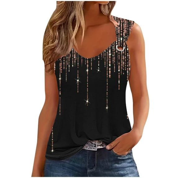 CKpwisy Women's Sequin Tank Tops Glitter V Neck O Ring Shoulder Blouses Sparkle Cami Summer Casual Sleeveless Loose Fit T-Shirt Vacation Going Out Trendy Pullover