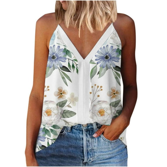 CKpwisy Women's Spaghetti Strap Camis Tops Soft Trendy Sexy Deep V Neck Summer Tank Tops Elegant Floal Print Sleeveless T-shirts Blouses Baggy Vests