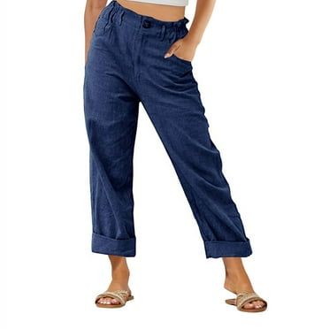 CKpwisy Women's Summer Linen Pants Comfy Lightweght Straight-Leg Pants Elastic Waist Casual Trousers with Pockets Summer Trendy Long Pants