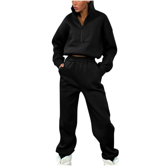 CKpwisy Womens 2 Piece Sweatsuits Set Solid color Lounge Sets Long Sleeve Half Zip Lapel Pullover Sweatshirt Joggers Sweatpants Fall Outfits Tracksuit Outfits 2025 Fall Black M