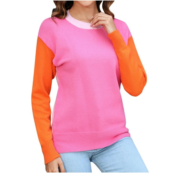 CKpwisy Womens Color Block Pullovers Sweaters Slim Fit Round Neck Long Sleeve Top Sweater Fall 2025 Drope Shoulder Knit Tops Shirts Blouses Lightweight Clothes Outfits for Women