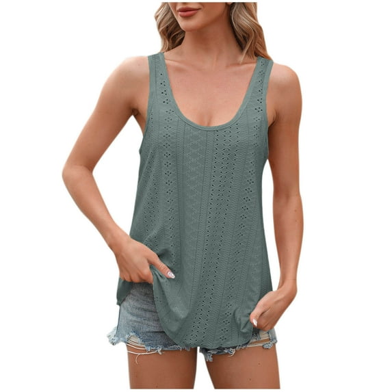CKpwisy Womens Eyelet Hollow Out Tank Tops 2025 Summer Basic Solid Camis Tops Shirts Casual Loose FitSleeveless U Neck Blouses T-shirts