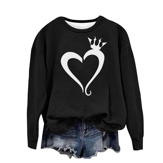 CKpwisy Womens Heart Graphic Sweatshirt Valentine's Day Pullovers Long Sleeve Sweatshirt Casual Loose Pullover Black S