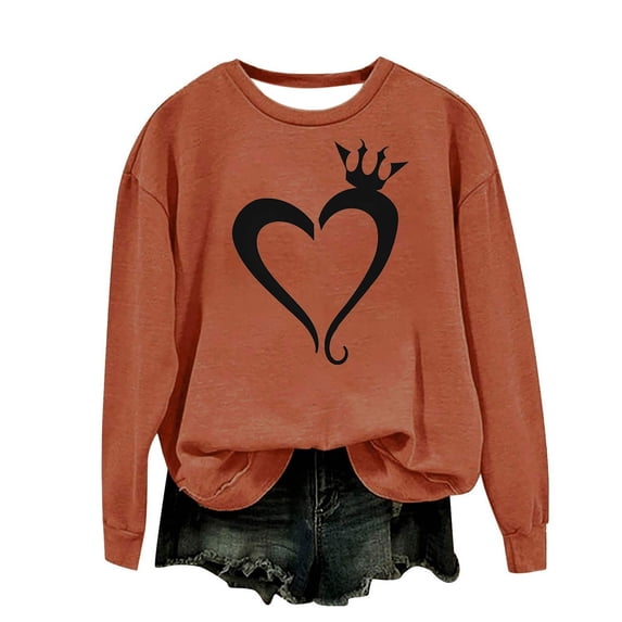 CKpwisy Womens Heart Graphic Sweatshirt Valentine's Day Pullovers Long Sleeve Sweatshirt Casual Loose Pullover Orange XXL