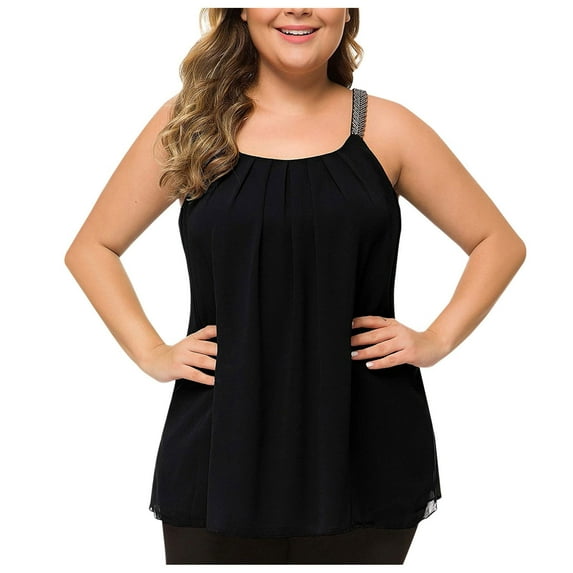 CKpwisy Womens Plus Size Chiffon Tank Tops with Beaded Strap Female Loose Casual Pleated Round Collar Blouses Flowy Basic Solid Tunics Shirts