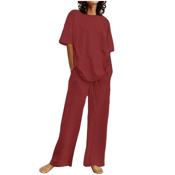 CKpwisy Womens Summer 2 Piece Outfits Linen Half Sleeve Pullover Tops Lounge Matching Sets & Long Wide Leg Pants Lounge Pants 2025 Loungewear Red XL