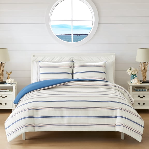 Coastal Living 3-Piece Lightweight 100% Cotton Stripes Comforter Set, Full/Queen