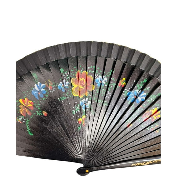CL GIFT Floral Vintage Spanish Folding Fan Doubled-Side Flower Wood Fan for Wedding Party Decor/Dancing Hand Fan (Black)
