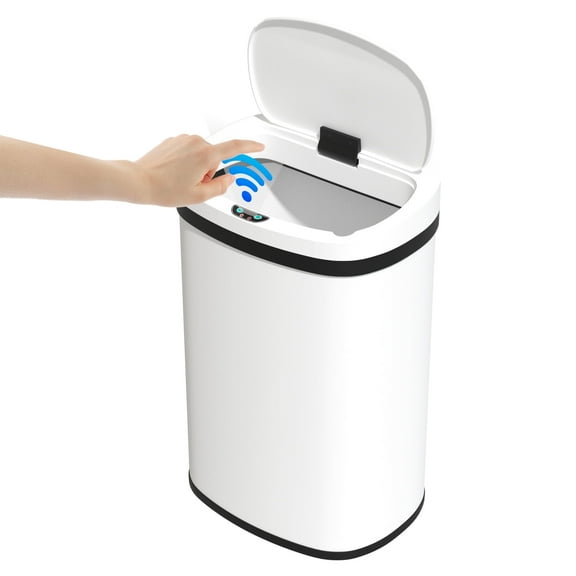 CL.HPAHKL 13 Gallon Kitchen Trash Can with Lid, Stainless Steel Oval Automatic Garbage Can for Home Office Bedroom Living Room Garage, Large Capacity Trash Bin Trashcan, White