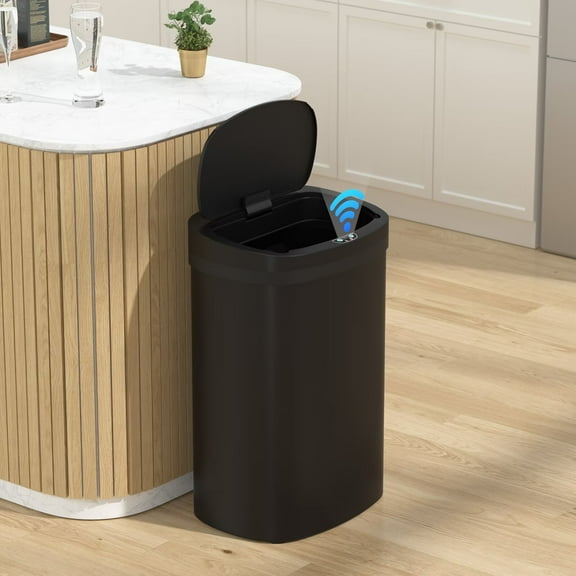 CL.HPAHKL 13 Gallon Kitchen Trash Can, Touchless Motion Sensor Trash Can 50 Liter High-Capacity Smart Trash Can Broken-Resistant Plastic Garbage Can with Lid for Home Bathroom Office (1, Black)