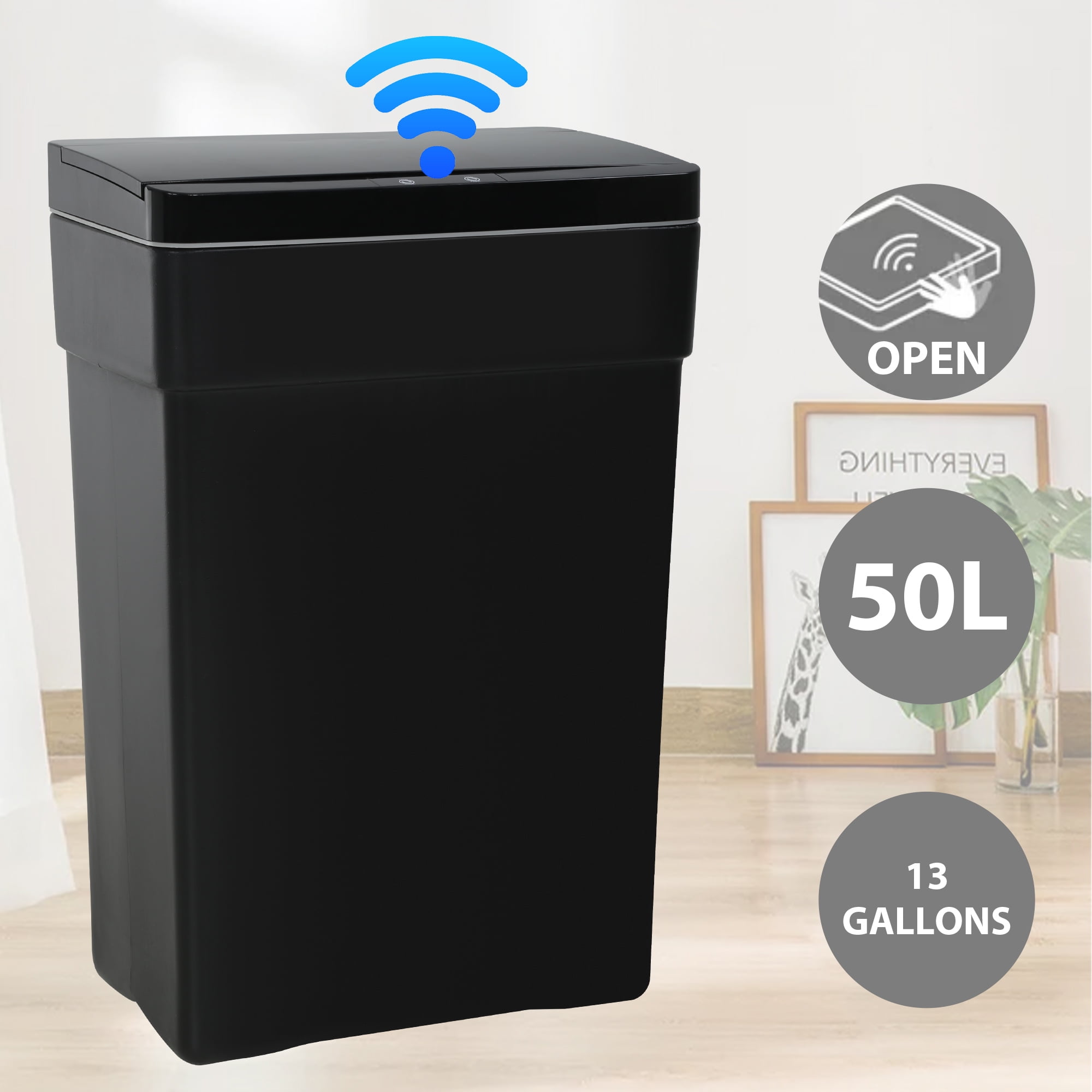 CL.HPAHKL 13 Gallon Touch Free Automatic Trash Can with Lid, Plastic Motion Sensor Kitchen Garbage Can, Touchless Trashcan Trash Bin for Bathroom, Office, Home, Black