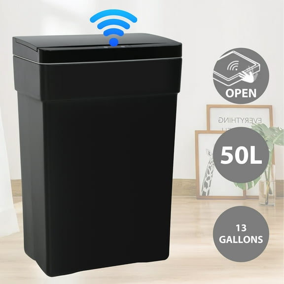 CL.HPAHKL 13 Gallon Touch Free Automatic Trash Can with Lid, Plastic Motion Sensor Kitchen Garbage Can, Touchless Trashcan Trash Bin for Bathroom, Office, Home, Black
