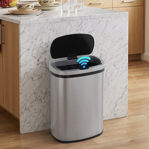 CL.HPAHKL 13 Gallon Trash Can with Lid, 50 Liter High-Capacity Stainless Steel Garbage Can Touch Free Motion Sensor Trash Can Automatic Trash Can for Home Kitchen Bathroom Bedroom Office, Siver