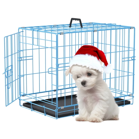 CL.HPAHKL 18 inch Small Dog Crate, Metal Wire Folding Dog Kennel Cage with Leak-Proof Pan, Portable Puppy Crate Cage for Small Dogs, Blue