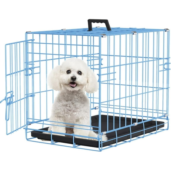 CL.HPAHKL 18 inch Small Dog Crate, Metal Wire Folding Dog Kennel Cage with Leak-Proof Pan, Portable Puppy Crate Cage for Small Dogs, Blue