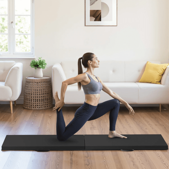 CL.HPAHKL 2-Fold Gymnastics Mat 6'x2'x1.6", PU Leather Tumbling Mat with Carrying Handles, Portable Waterproof Exercise Mat Yoga Mat for Home Gym, Outdoor Workout, Yoga, Black