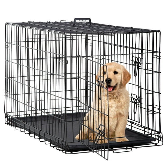 CL.HPAHKL 24 Inch Double Door Folding Portable Metal Dog Crates for Small Dogs, Small Dog Cages with Removable Trays, Locks, Divider Panel, Handle Dog Kennel for Travel, Outdoor, Carry, Home, Black