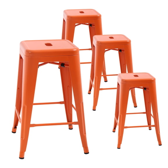 CL.HPAHKL 24 Inch Metal Bar Stools Set of 4, Square Backless Industrial Stools with Handing Hole Indoor Outdoor Counter Height Barstools Stackable for Home Bar Kitchen Island Balcony Patio, Orange