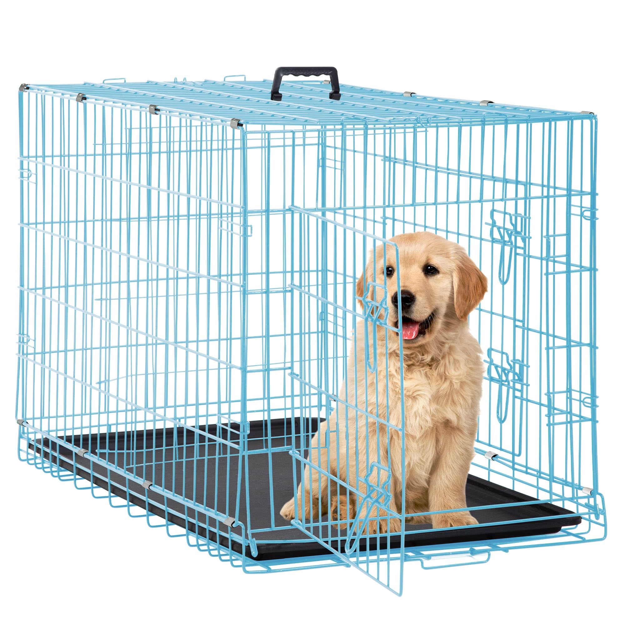 CL.HPAHKL 24 Inch Small Dog Cages for Inside, Portable Foldable Metal Crates for Dogs with Double Door & Removable Tray Small Wire Dog Kennel with Divider for Small Puppy, Cat Indoor Outdoor, Blue