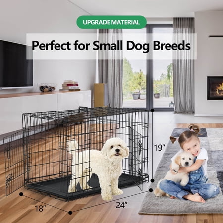 CL.HPAHKL 24 inch Pets Dog Cage for Small Dogs, Folding Dog Crates and Kennels Double Door, Black Puppy Crates with Divider Panel for Small Dogs,Pet Cage with Tray Pan for Small Animals