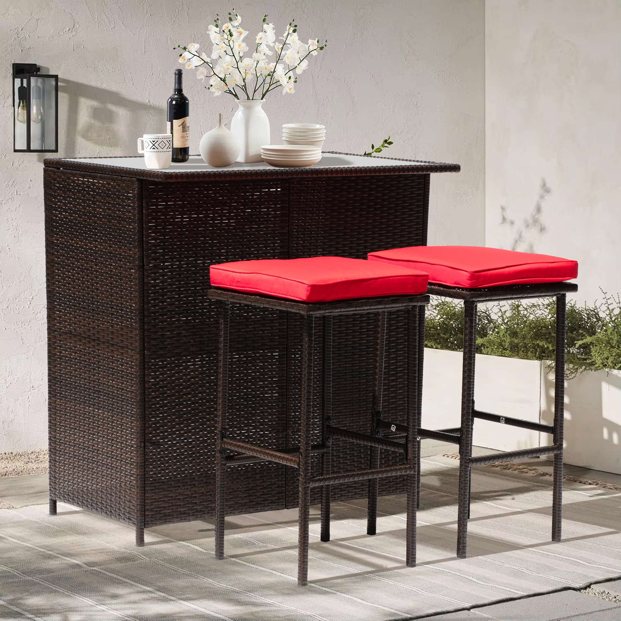 CL.HPAHKL 3-Piece Patio Bar Set, Outdoor Wicker Bar Set with Glass ...