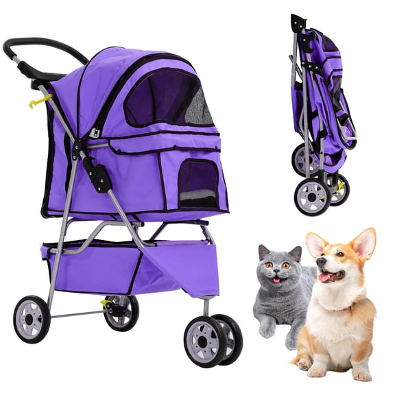 CL.HPAHKL 3 Wheels Pet Stroller, Breathable and Visible Dog Strollers with Cup Holder & Removable Liner Easy Fold Cat Strollers Portable Pet Strolling Cart with Storage Basket for Travel, Purple