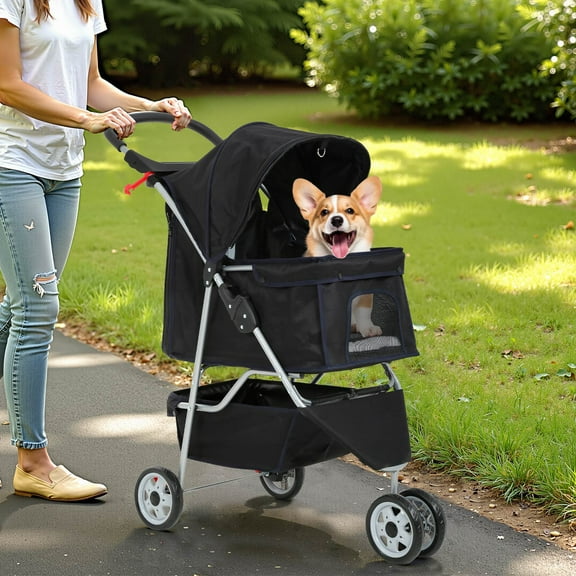CL.HPAHKL 3 Wheels Pet Stroller, Foldable Dog Cat Jogger Stroller with Cup Holder & Storage Basket for Small and Medium Dogs Cats, Black