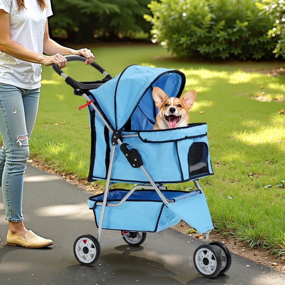 CL.HPAHKL 3 Wheels Pet Stroller, Foldable Dog Cat Jogger Stroller with Cup Holder & Storage Basket for Small and Medium Dogs Cats, Blue