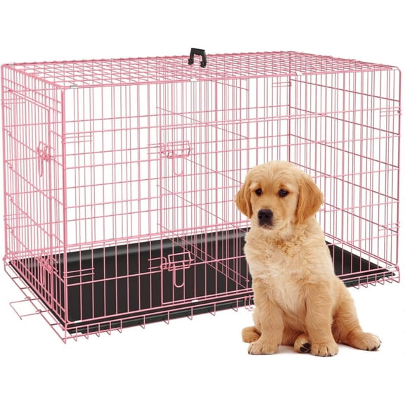 CL.HPAHKL 30 inch Small Dog Crate, Metal Wire Folding Dog Kennel Cage with Double Door & Leak-Proof Pan, Portable Puppy Crate Cage for Small Dogs, Pink