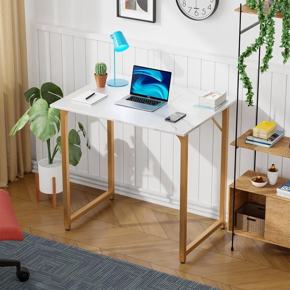 CL.HPAHKL 32 Inch Small Office Desk, Industrial Office Desk with Metal Frame Adjustable Feet Modern Simple Style Desk Table Sturdy Laptop Table for Home Office, Writing for Small Space (1, Gold)