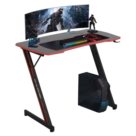 CL.HPAHKL 35.4 Inch Gaming Desk, Z-Shaped Gaming Computer Desk with Headphone Hook Ergonomic PC Gaming Desk with Adjustable Leveling Foot Spacious Desktop for Gamer Room, Workstation, Bedroom, Red