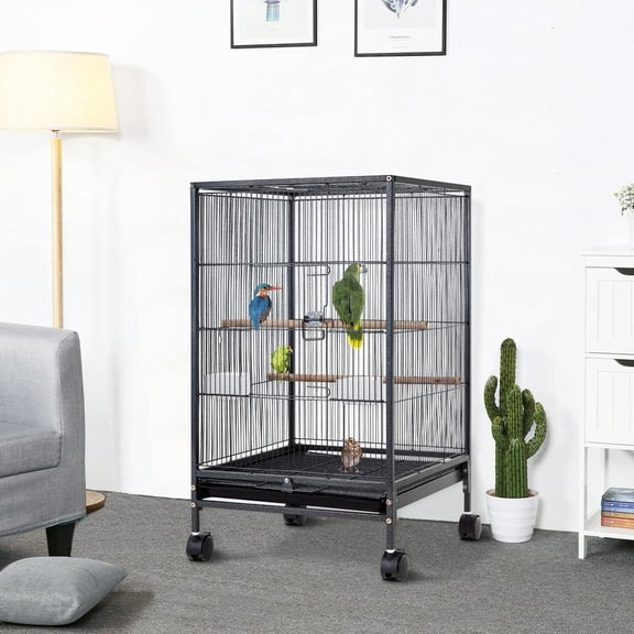 CL.HPAHKL 35 inch Bird Cage with Rolling Stand, Metal Birdcage Parakeet Cage for Parakeets Cockatiel Canary Finch Lovebird Parrotlet Pigeons, Black