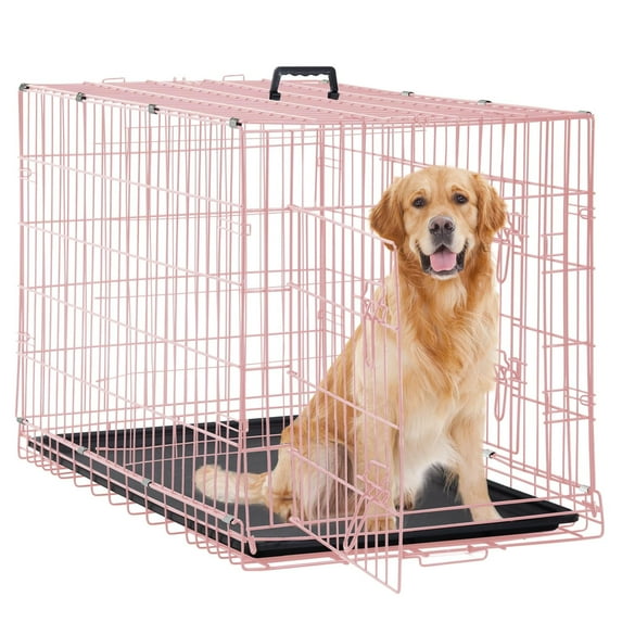CL.HPAHKL 36 Inch Dog Crates for Medium Dogs with Divider, Foldable Metal Wire Dog Crate with Double Door, Locks, Leak-Proof Pan Tray, Handle Metal Dog Kennel for Indoor, Outdoor, Travel, Pink