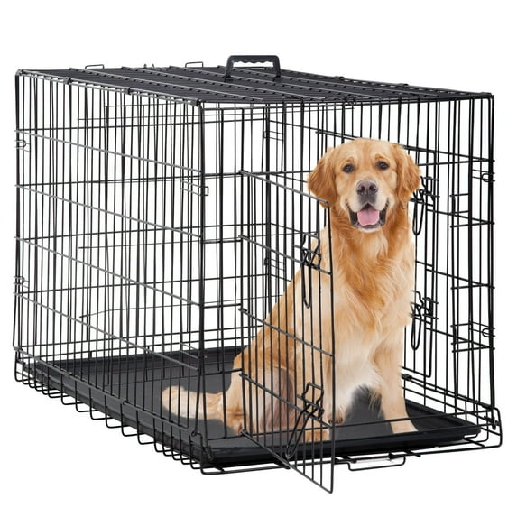 CL.HPAHKL 36 Inch Double Door Folding Portable Metal Dog Crates for Medium Dogs, Medium Dog Cages with Removable Trays, Locks, Divider Panel, Handle Dog Kennel for Travel, Outdoor, Carry, Home, Black