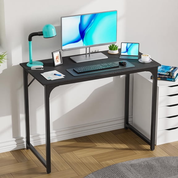 CL.HPAHKL 39 Inch Office Computer Desk, Modern Simple Style PC Desk with Metal Frame Adjustable Feet Industrial Office Desk Sturdy Computer Table Desk for Home Office Study Writing (1, Black)